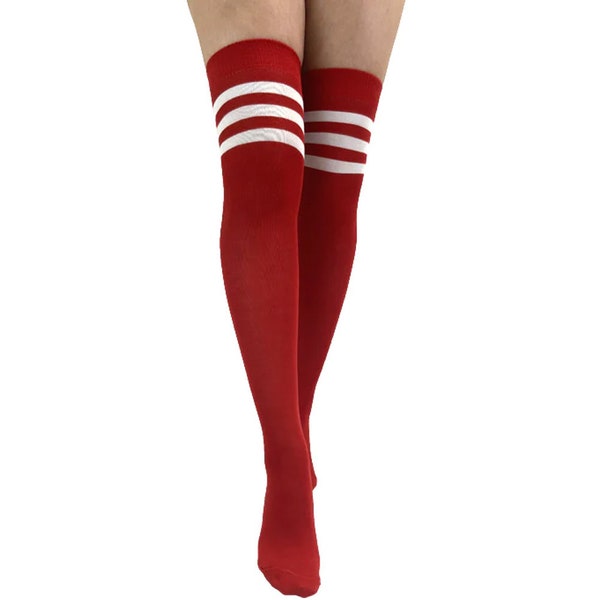 Red White Long Striped Socks Over Knee High for women | Cotton Socks