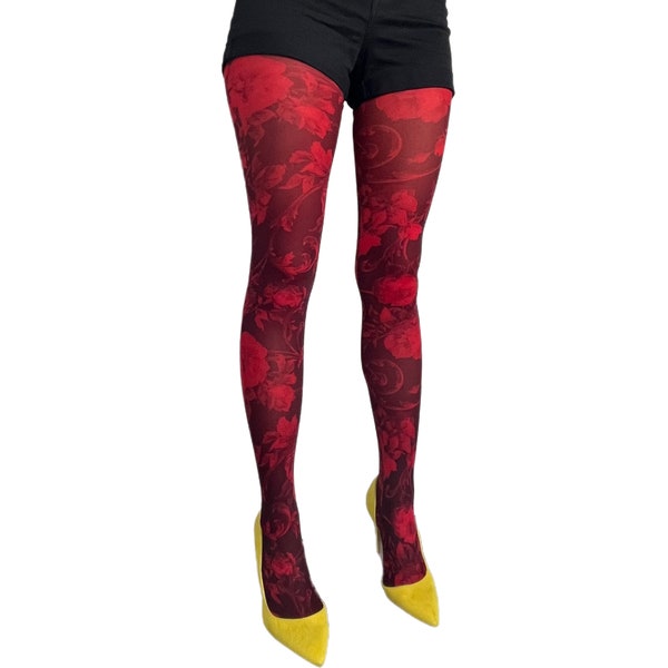 Red Floral Tights Twilight For Women | Flowers On Black Tights | Available In Plus Sizes Tights.