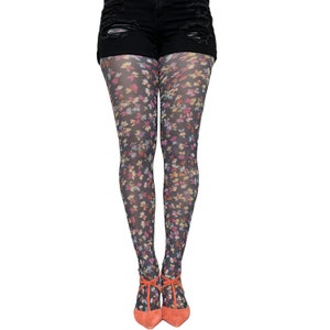 Black Small Flowers Patterned Tights For Women | Gift for Her.