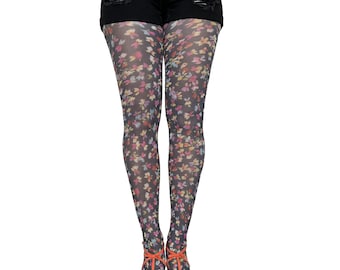 Black Small Flowers Patterned Tights For Women | Gift for Her.