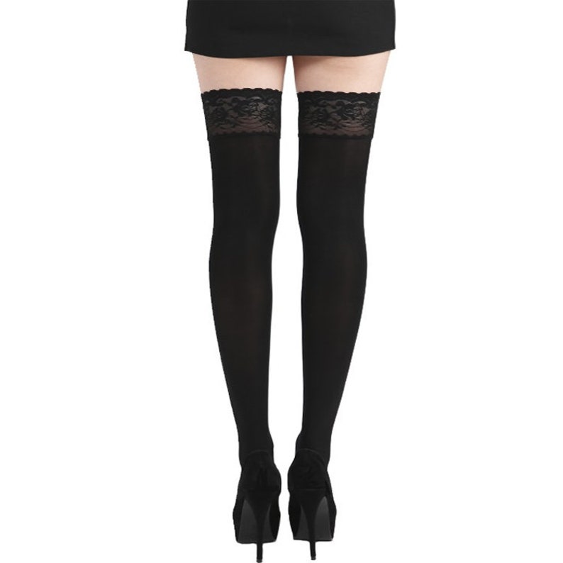 Black Opaque Stay-Up Thigh High for Women image 1