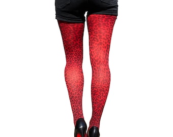 Red Leopard Tights | Opaque Cheetah patterned pantyhose for women | Animal printed collection