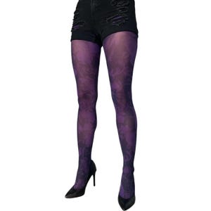 Purple Floral Patterned Printed Tights For Women, Plus Size Available