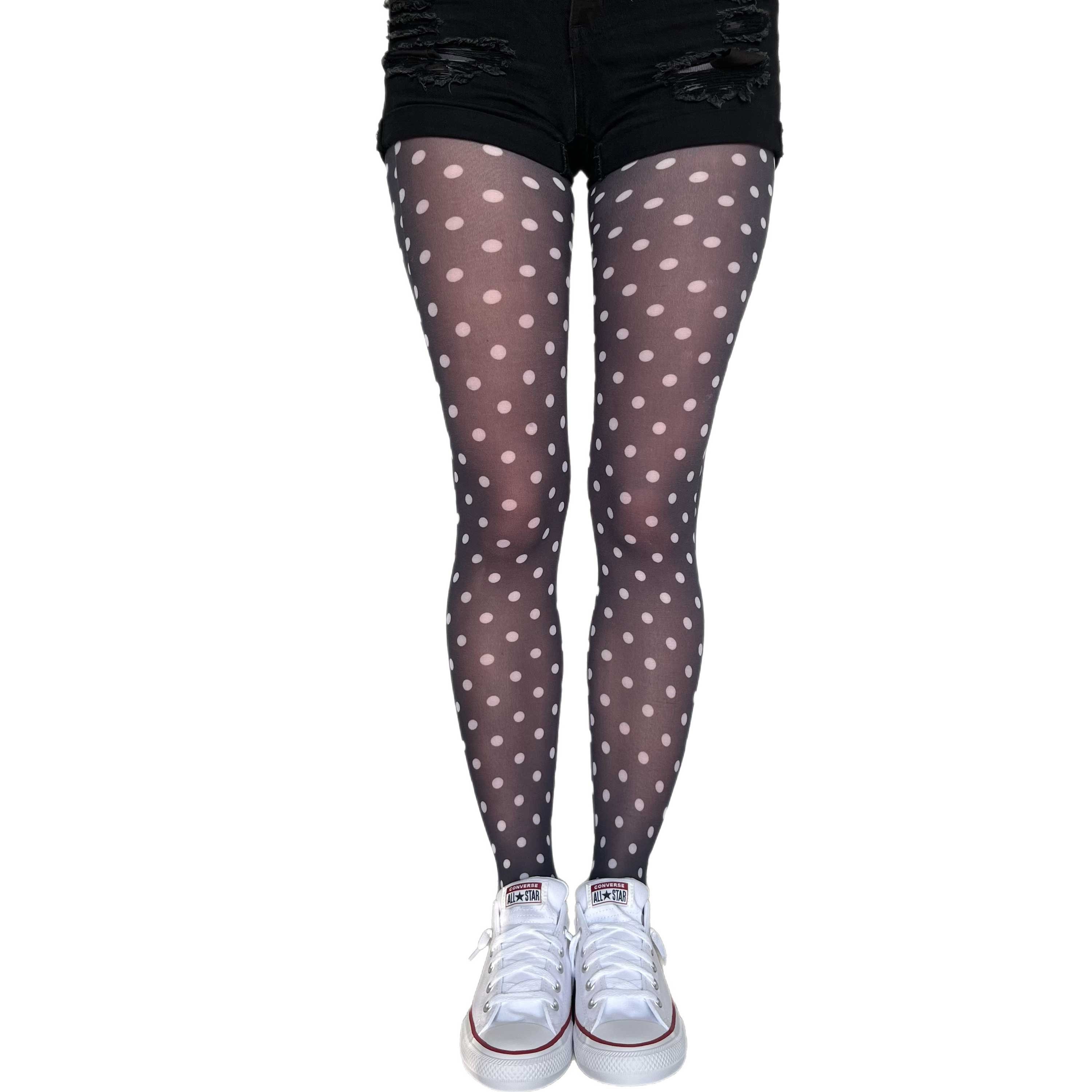Women's Polka Dot Tights White Dotty Patterned Tights on Black