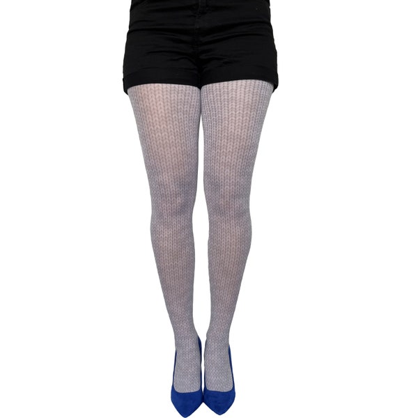 Gray Illusion Knitted Patterned Tights For Women | Opaque Fashion Printed Pantyhose