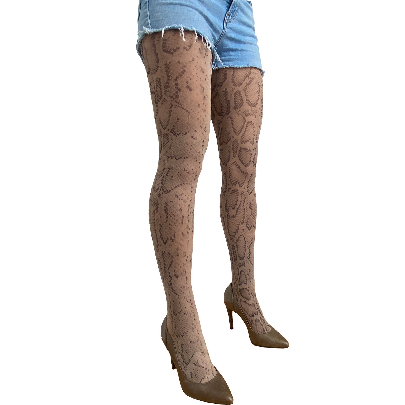 Snake Print Tights Beige for Women Reptile Tights Available in Plus