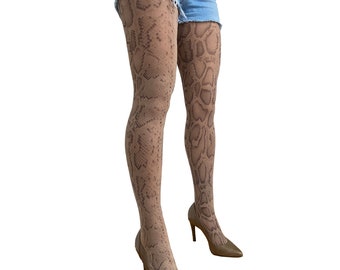 Snake Print Tights Beige for Women | Reptile Tights | Available in Plus Size