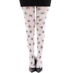 White Tights Black Skulls Printed | Patterned Pantyhose Perfect for Halloween!