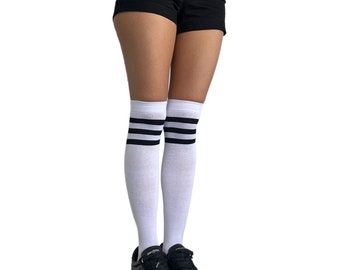 Long Socks Striped Thigh High Socks Cotton Over the Knee Socks  black and white for women.