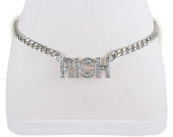 New Women Gold Chain Fashion Thin Metal Belt Big Gray Crystals Bling Size S M L