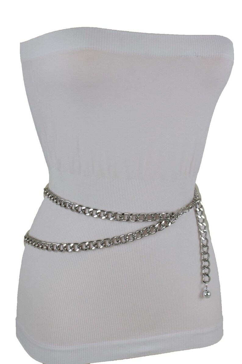 New Women Silver Metal Chain Fashion Belt Big Front Wave 2 Strands Style Skinny Waistband Hip High Waist Size XS S M L XL XXL
