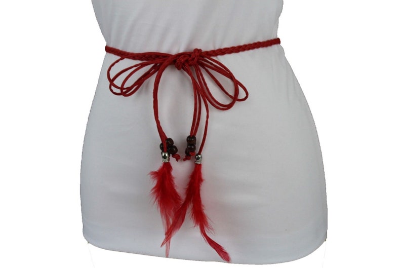 New Women Red Faux Leather Long Feathers Fringes Tassel Charm Fashion Fabric Tie Belt Brown Beads Fringes Hip High Waist Size S M L
