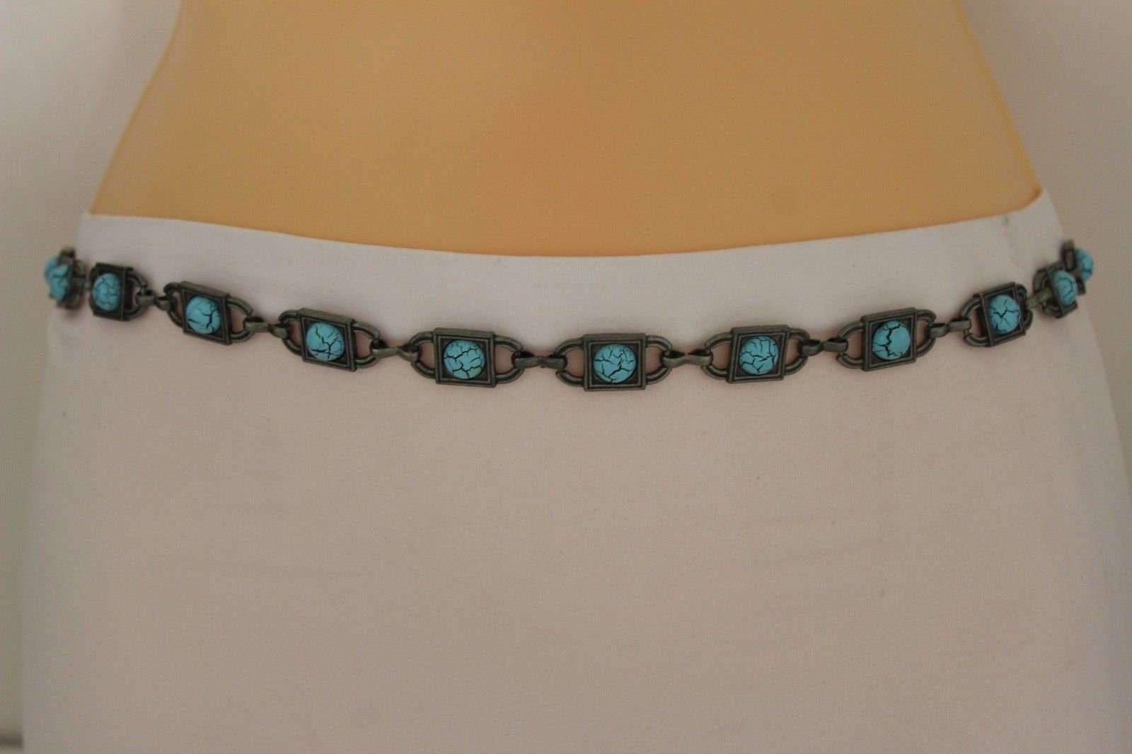 New Women Rusty Silver Metal Fashion Belt Narrow Turquoise Blue Ethnic Style S M