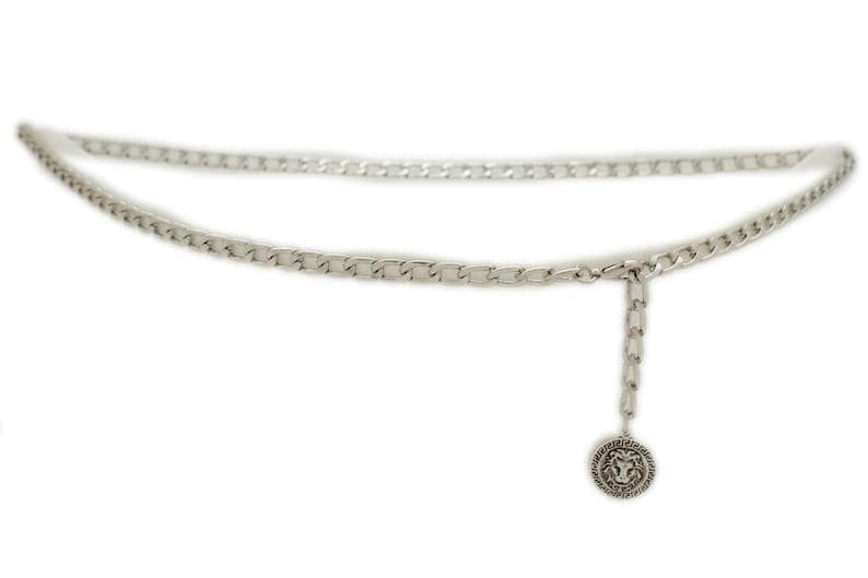 New Women Silver Metal Chain Links Fashion Belt Medallion Lion Coin Charm Buckle Hip High Waist Skinny Waistband Size XS S M L XL XXL