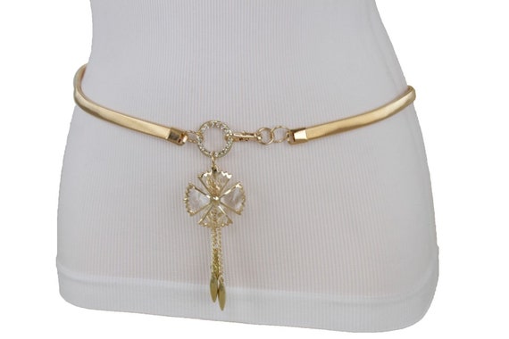 Women Gold Metal Elastic Narrow Belt Waistband Hip Waist Heart Buckle Size S M L