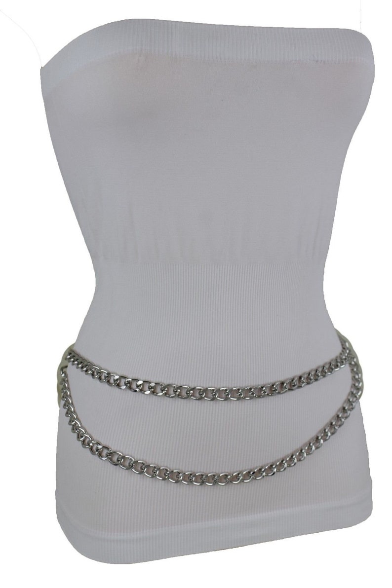 New Women Silver Metal Chain Fashion Belt Big Front Wave 2 Strands Style Skinny Waistband Hip High Waist Size XS S M L XL XXL