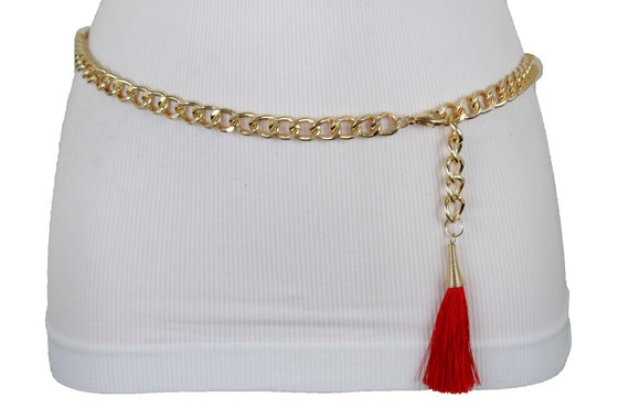 Women Hip Waist Belt Gold Metal Chain Link Tassel Fringes Buckle Plus Size L XL