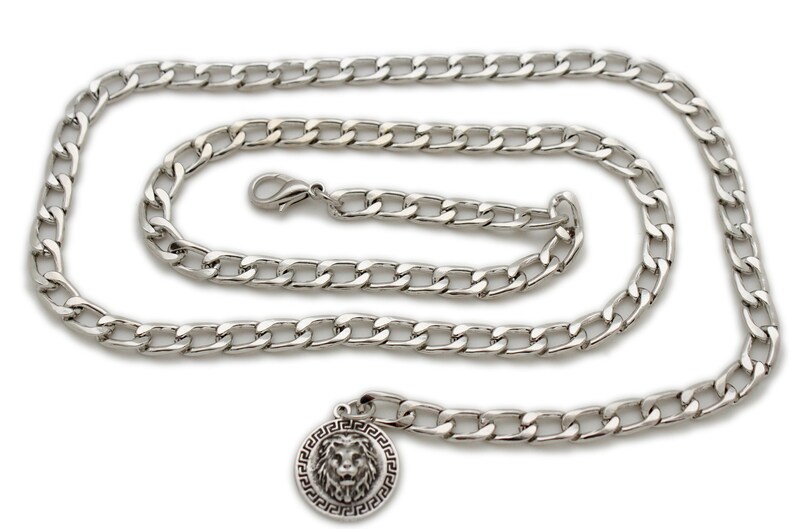 New Women Silver Metal Chain Links Fashion Belt Medallion Lion Coin Charm Buckle Hip High Waist Skinny Waistband Size XS S M L XL XXL