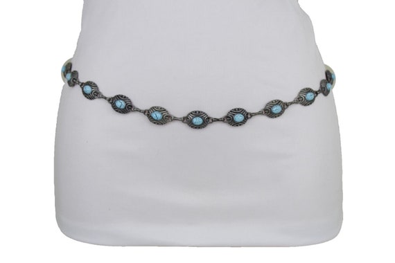 New Women Rusty Silver Metal Fashion Belt Narrow Turquoise Blue Ethnic Style S M