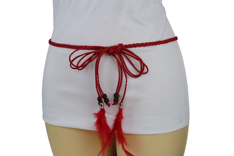 New Women Red Faux Leather Long Feathers Fringes Tassel Charm Fashion Fabric Tie Belt Brown Beads Fringes Hip High Waist Size S M L