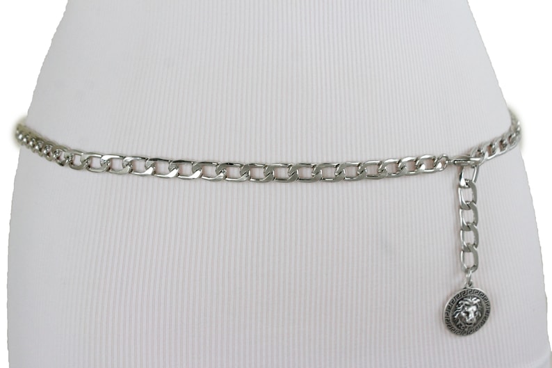 New Women Silver Metal Chain Links Fashion Belt Medallion Lion Coin Charm Buckle Hip High Waist Skinny Waistband Size XS S M L XL XXL