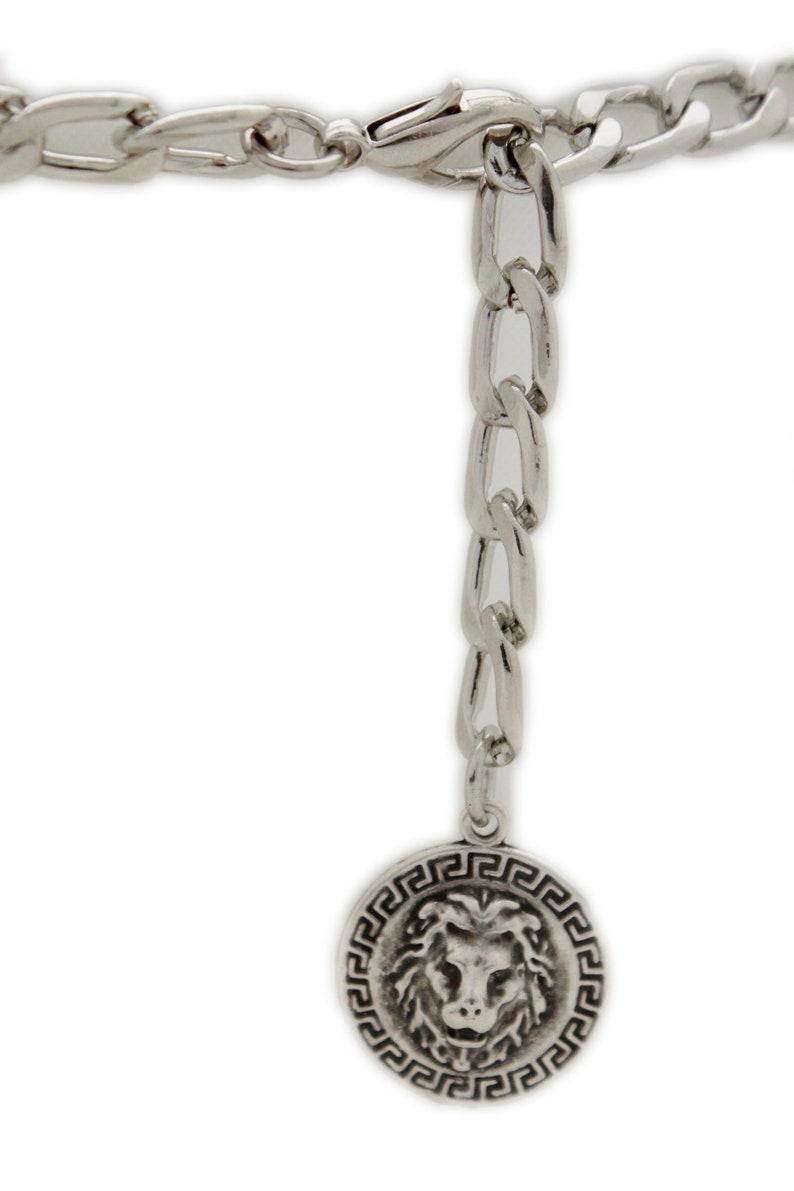 New Women Silver Metal Chain Links Fashion Belt Medallion Lion Coin Charm Buckle Hip High Waist Skinny Waistband Size XS S M L XL XXL