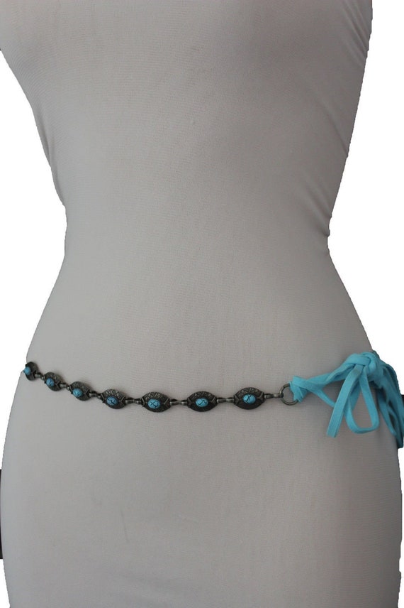 Women Antique Silver Metal Vintage Fashion Belt Turquoise Blue Bead Flowers S M