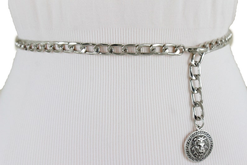 New Women Silver Metal Chain Links Fashion Belt Medallion Lion Coin Charm Buckle Hip High Waist Skinny Waistband Size XS S M L XL XXL