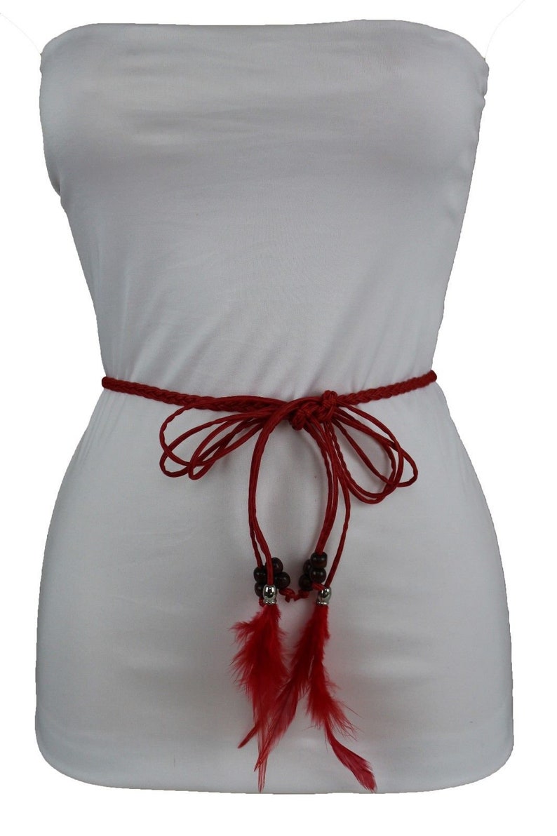 New Women Red Faux Leather Long Feathers Fringes Tassel Charm Fashion Fabric Tie Belt Brown Beads Fringes Hip High Waist Size S M L