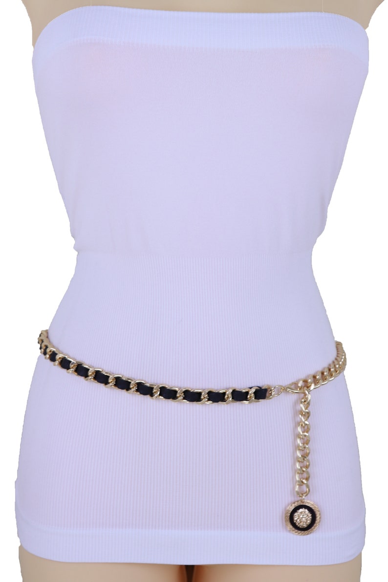 New Women Gold Metal Chain Fashion Belt Hip Hop Bling Lion Black Pendant Charm Skinny Waistband Hip High Waist Size XS S M L XL XXL