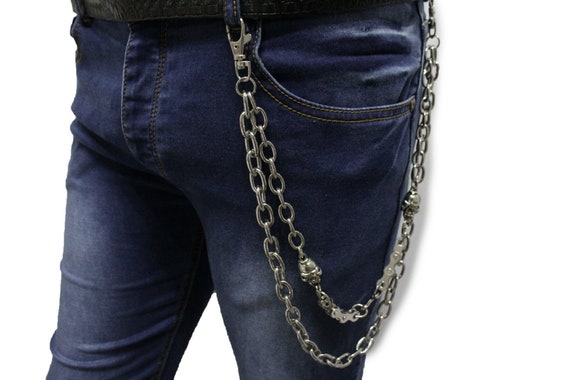 Men Silver Metal Wallet Chunky Chain Link Key Motorcycle Biker Fashion 2 Strands