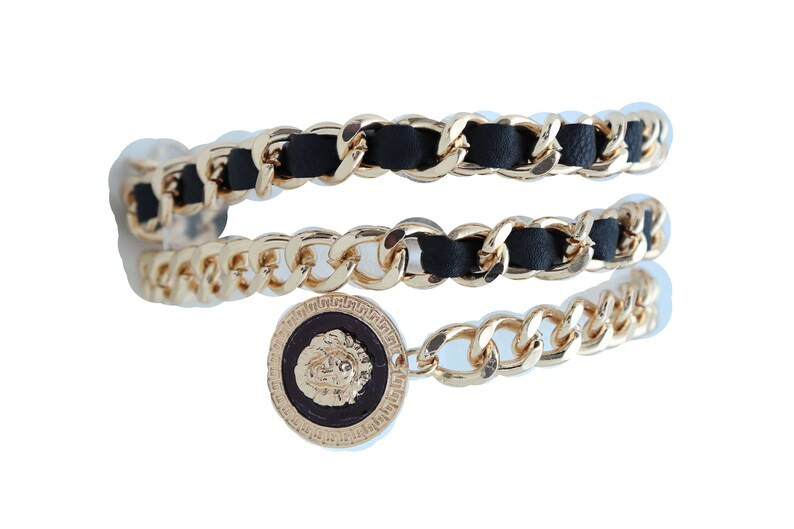 New Women Gold Metal Chain Fashion Belt Hip Hop Bling Lion Black Pendant Charm Skinny Waistband Hip High Waist Size XS S M L XL XXL