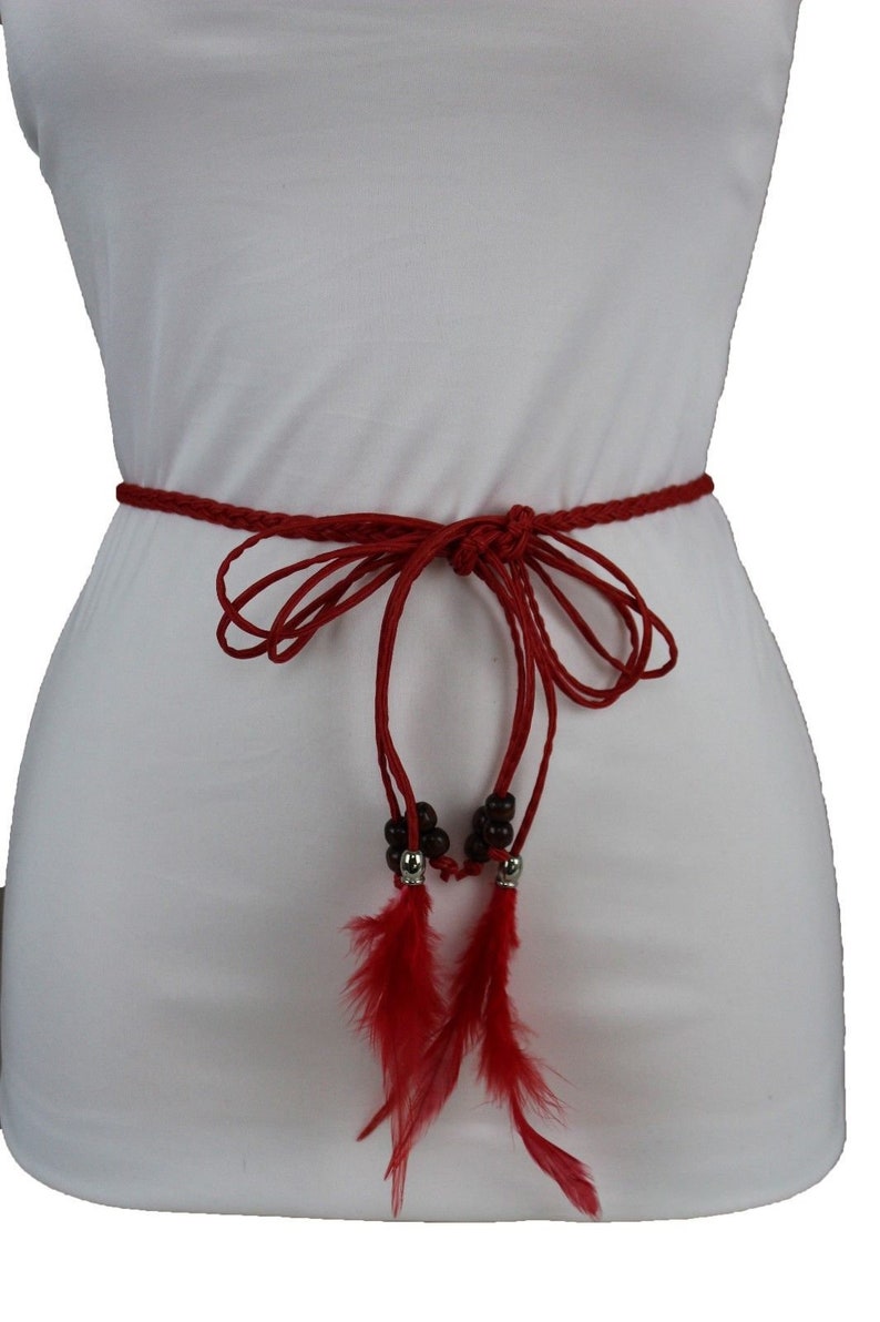 New Women Red Faux Leather Long Feathers Fringes Tassel Charm Fashion Fabric Tie Belt Brown Beads Fringes Hip High Waist Size S M L