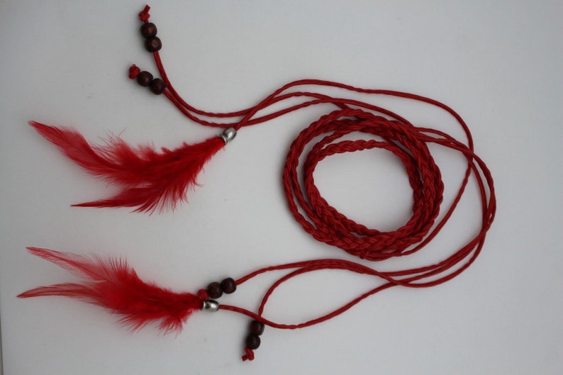 New Women Red Faux Leather Long Feathers Fringes Tassel Charm Fashion Fabric Tie Belt Brown Beads Fringes Hip High Waist Size S M L