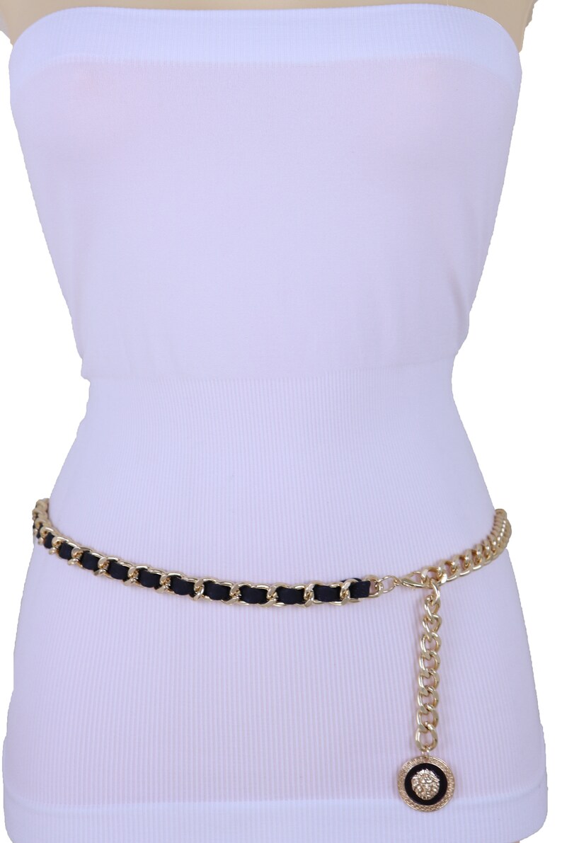 New Women Gold Metal Chain Fashion Belt Hip Hop Bling Lion Black Pendant Charm Skinny Waistband Hip High Waist Size XS S M L XL XXL