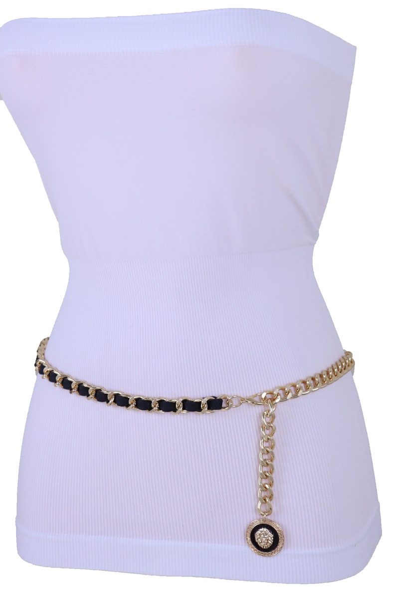 New Women Gold Metal Chain Fashion Belt Hip Hop Bling Lion Black Pendant Charm Skinny Waistband Hip High Waist Size XS S M L XL XXL