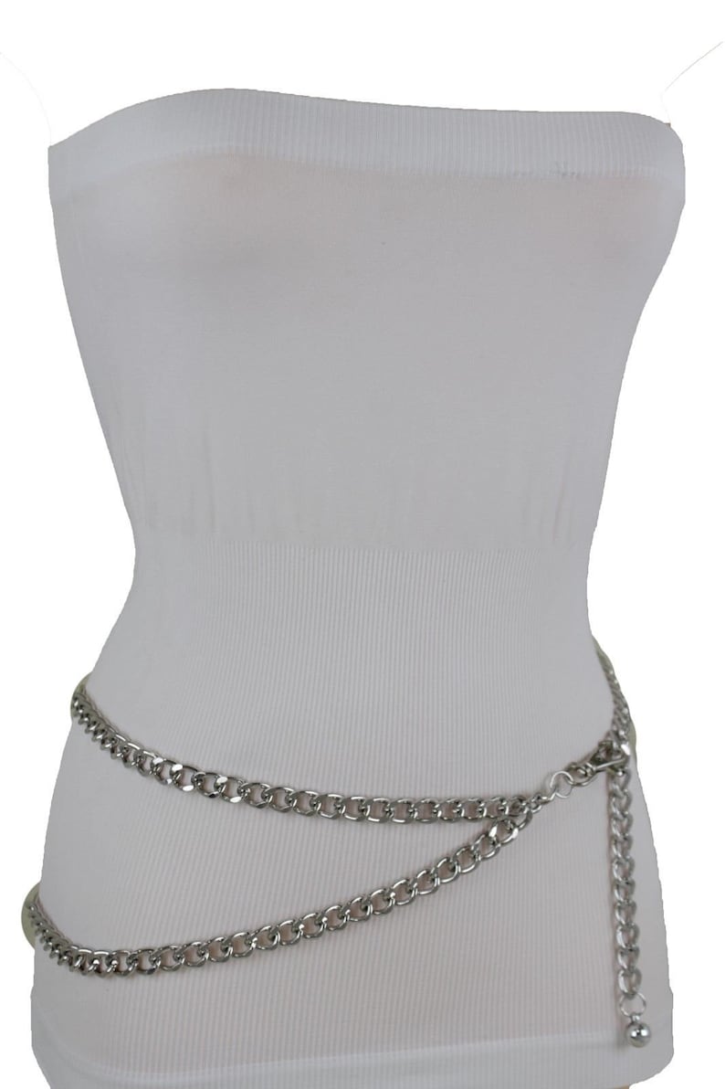New Women Silver Metal Chain Fashion Belt Big Front Wave 2 Strands Style Skinny Waistband Hip High Waist Size XS S M L XL XXL