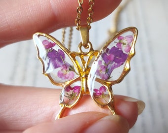 Lilac necklace Wildflower necklace Gold butterfly necklace. Terrarium necklace 18th birthday gift Pressed flower necklace Dry flower jewelry