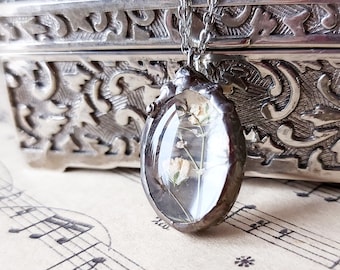 Pressed Gypsophila Flower Necklace: Stained Glass Terrarium Pendant