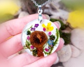 Cottagecore sunflower necklace Real mushroom necklace Forget me not pressed flower necklace