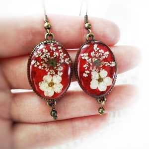 Long red earrings pressed flower Wine earrings Terrarium earrings resin Mothers day gift