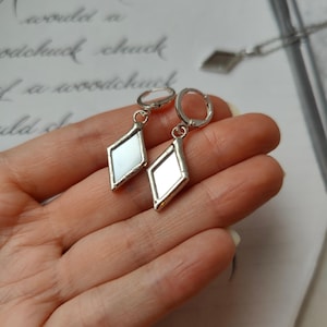 Mirror earrings for protection Mirror jewelry diamond Handcrafted stained glass magic Paranormal jewelry practical magic Artisan gift