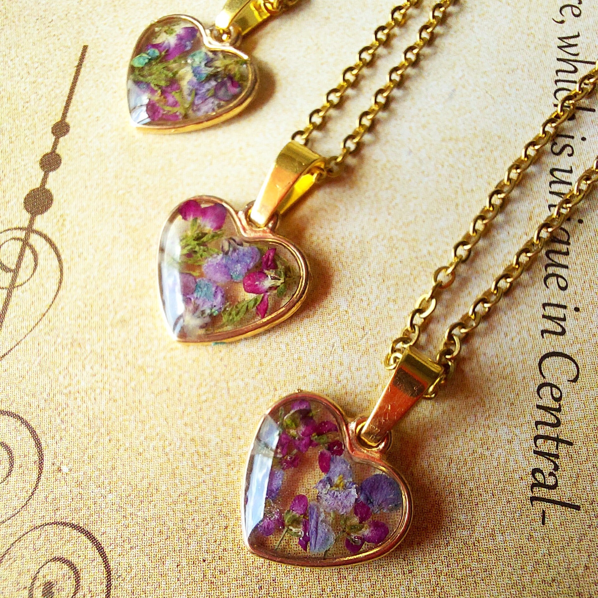 Small Heart Necklace Gold Lilac Necklace Women Pressed