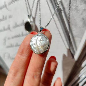 Pearl Baroque Pendant Mirror Necklace - Handmade Gothic Jewelry, Scrying Protection Amulet, Celestial Glass Pendant for Men & Women
