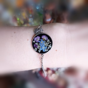 Black dark academia bracelet 18th birthday gift Forget me not pressed flower bracelet