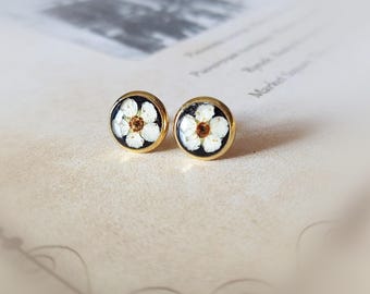 Dark academia black earrings stud . College student gift. Resin earrings. Cottagecore jewelry herbarium