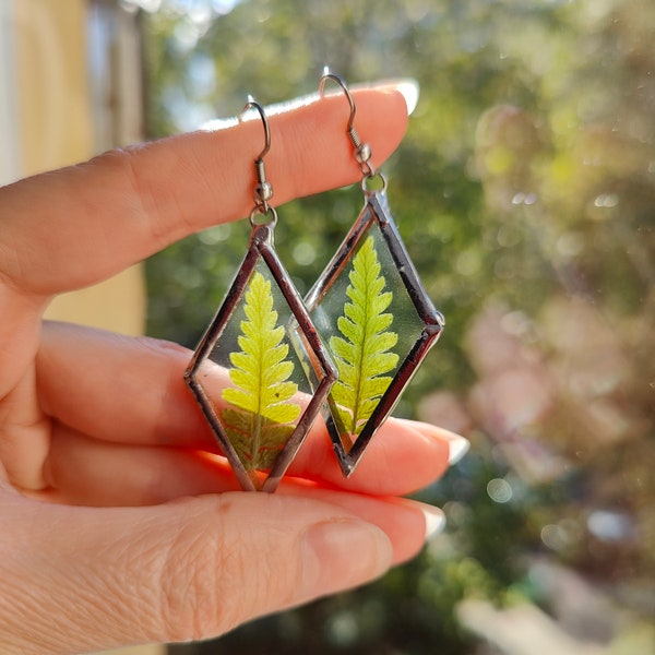 Wildflower statement earrings ferns flowers large Pressed flower earrings Terrarium earrings Handmade jewelry earrings dangle gift for woman