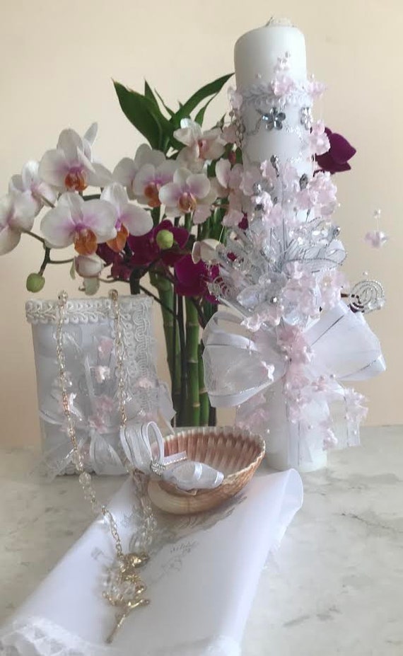 Spanish Handmade Christening//Baptism Set Candle Bible Rosary Bautizo Pink Girl *