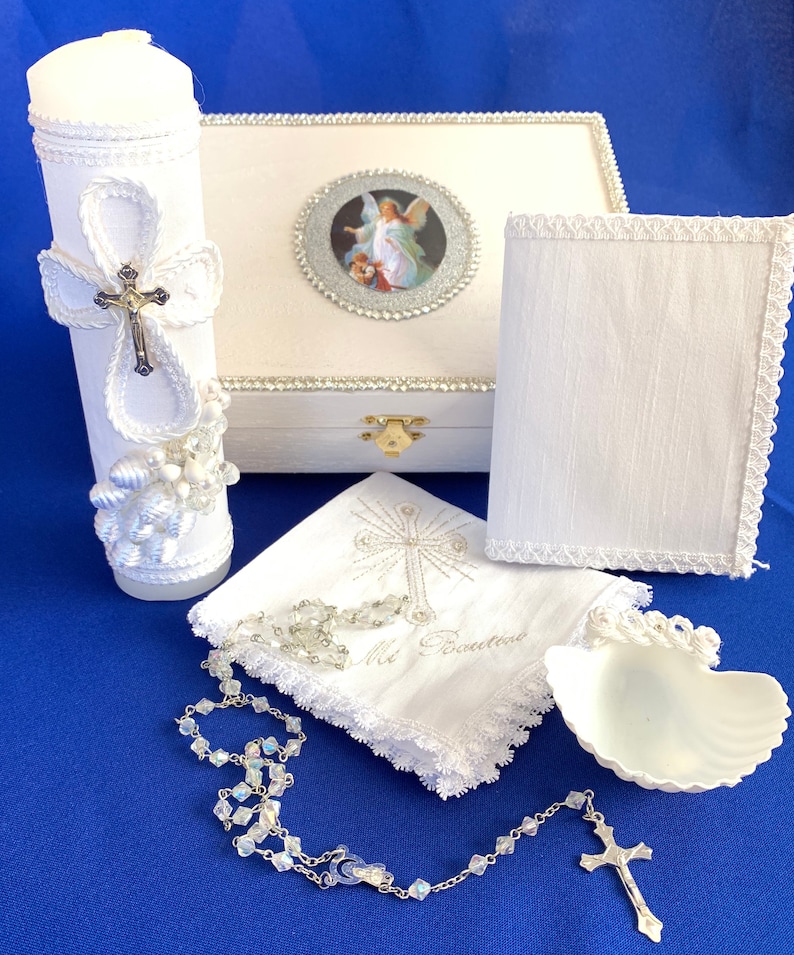 Baptism Candle Set Off White Hand Made Wooden Chest with Virgen De Guadalupe Vela Para Bautizovela Para Bautismo