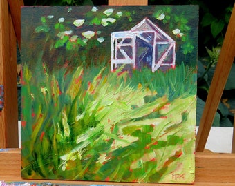 Pintura al óleo de jardín salvaje e invernadero, mini pintura de paisaje impresionista, arte impresionista original para regalo amante del jardín